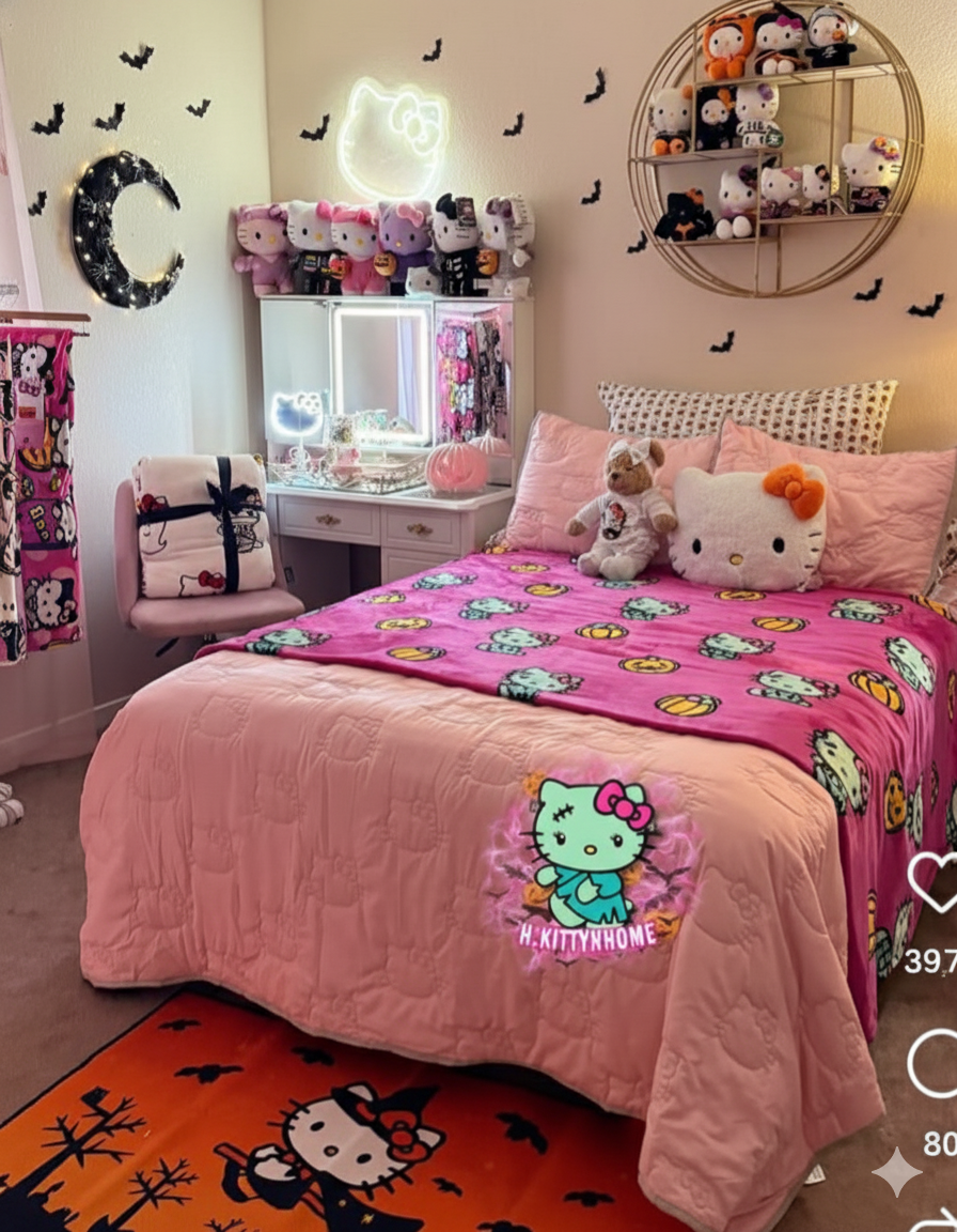 Frankenstein blanket bedroom decor along with franke stein pink blanket on bed with lots of franken sanrio plushes and sanrio rug