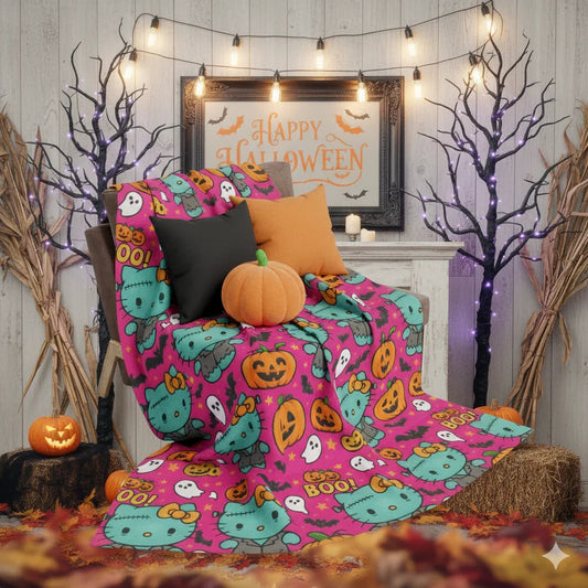 5 Spooky Halloween blanket decor ideas | Hello kitty Frankenstein blanket