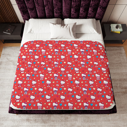 Hello Kitty Red Pattern Sherpa Blanket — Cozy Reversible Throw red blue hearts