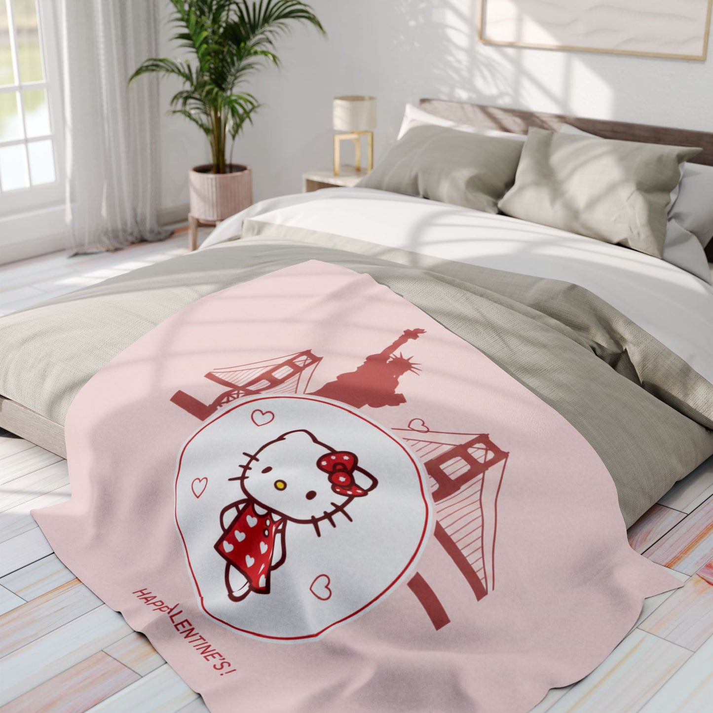 Hello Kitty Valentine Arctic Fleece Blanket – Cute San Francisco Statue of Liberty & Golden Gate Design