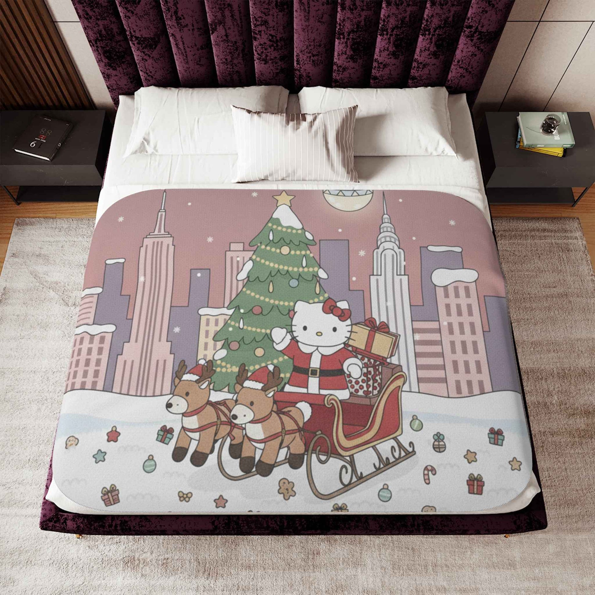 Christmas Kitty Sherpa Blanket — Festive Reindeer Sleigh Throw
