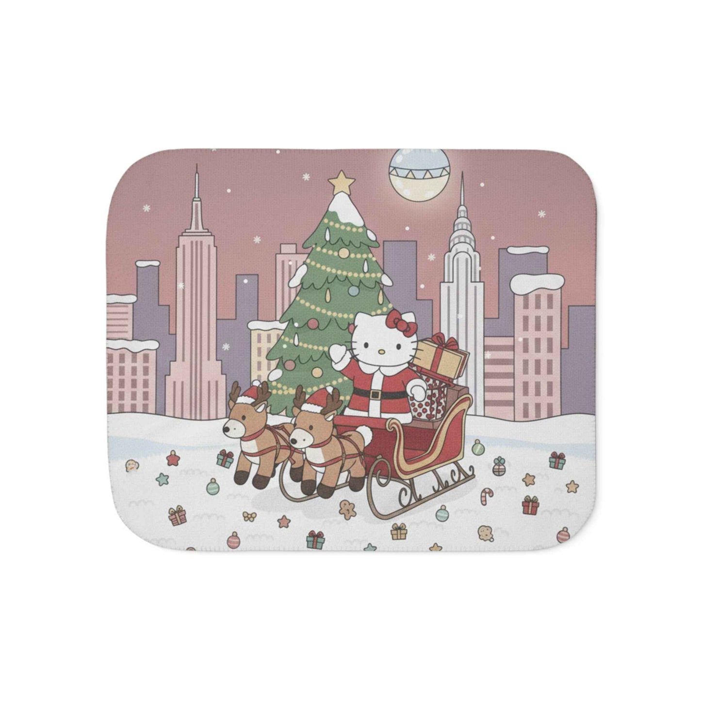 Christmas Kitty Sherpa Blanket — Festive Reindeer Sleigh Throw