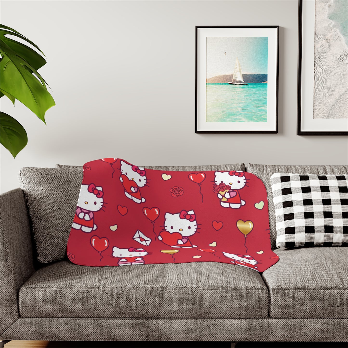 Hello Kitty Valentine Sherpa Blanket — Reversible Red Patterned & Cozy Beige
