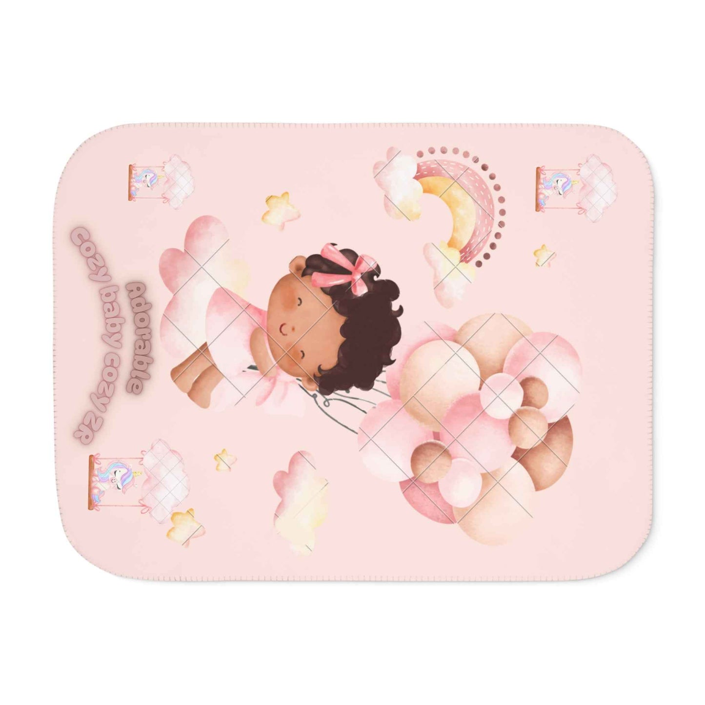 Cozy Sherpa Blanket with Cute Clouds and Rainbow Design