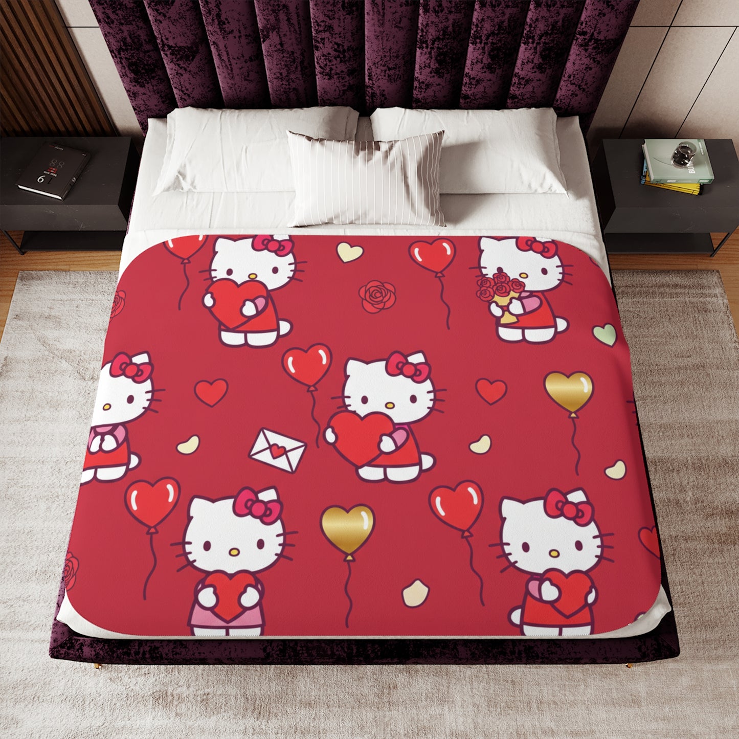 Hello Kitty Valentine Sherpa Blanket — Reversible Red Patterned & Cozy Beige