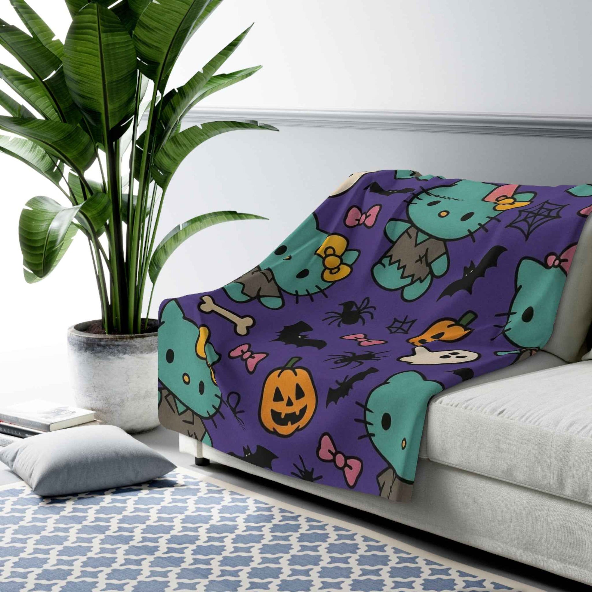 Sherpa Fleece Blanket - Frankenstein Hello Kitty blanket for spooky Home Decor