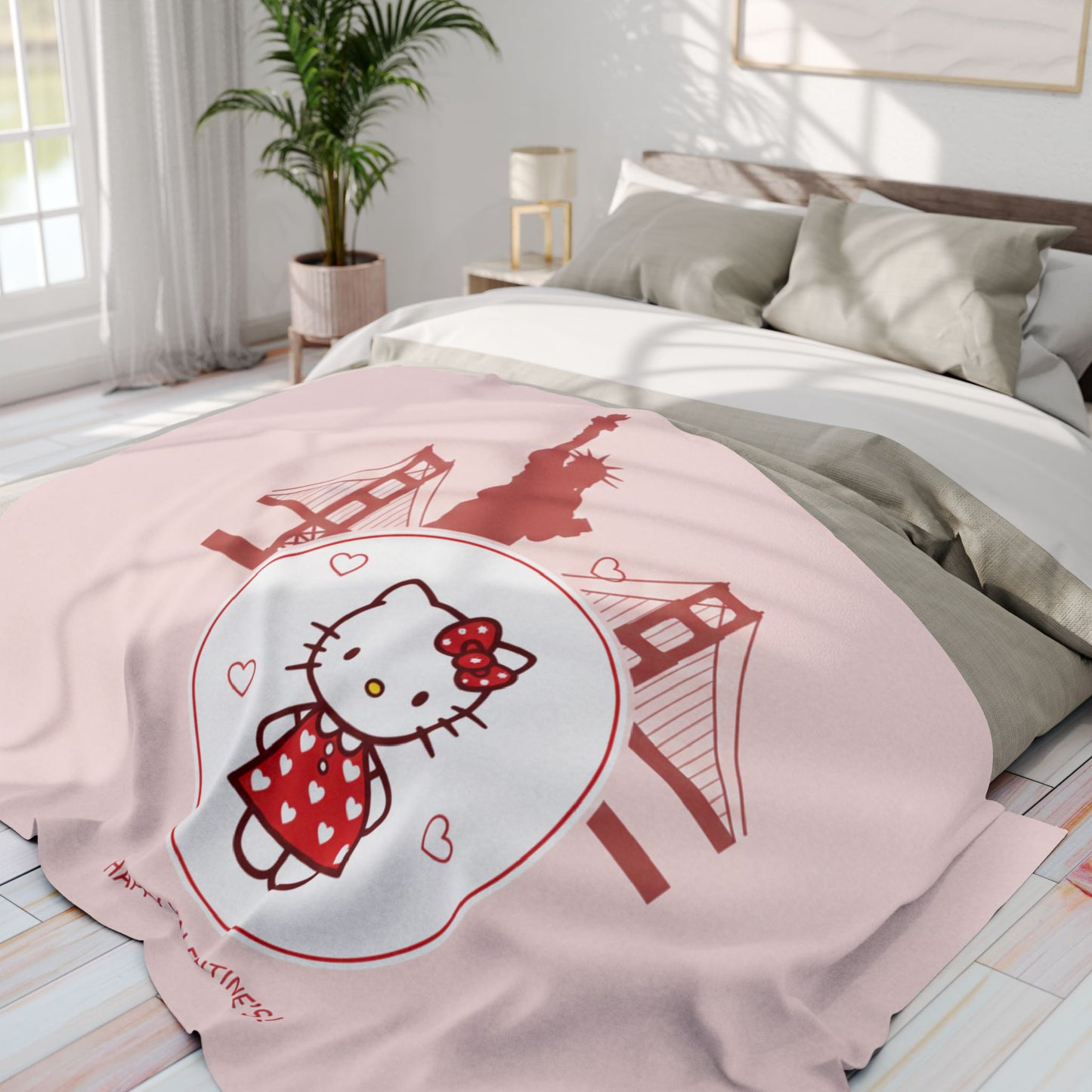 Hello Kitty Valentine Arctic Fleece Blanket – Cute San Francisco Statue of Liberty & Golden Gate Design