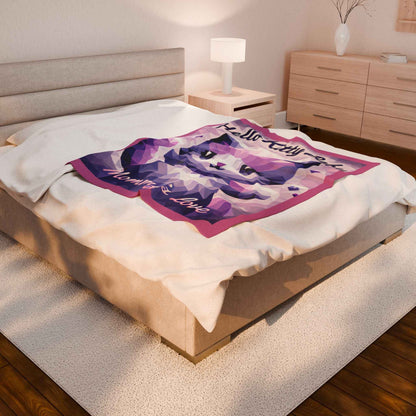 Velveteen Plush Blanket - Hello Kitty Baby Mommy's Love Purple Cat Image - Hello Kittyy Blanket Store