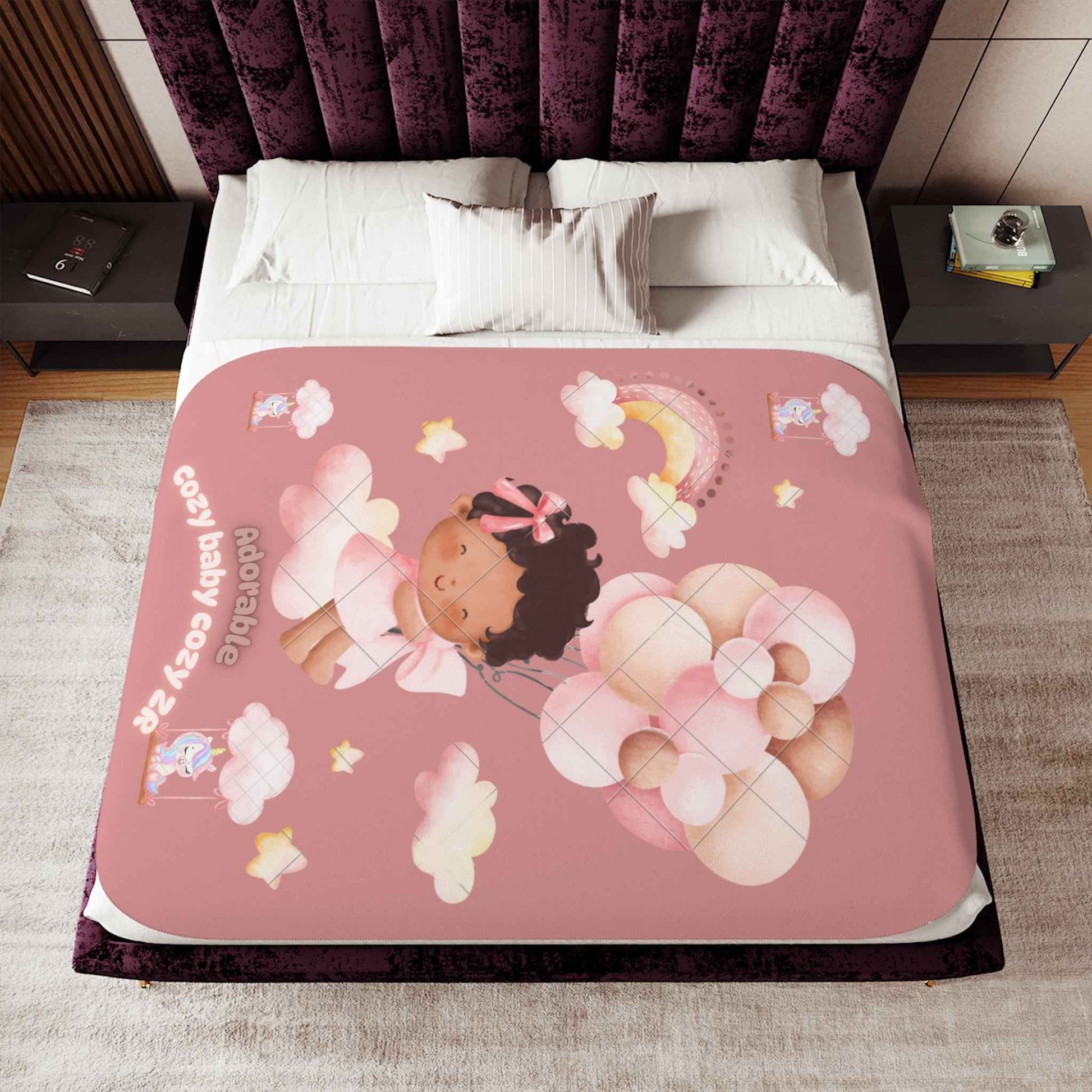 Cozy Sherpa Blanket with Cute Baby Design and unicorns