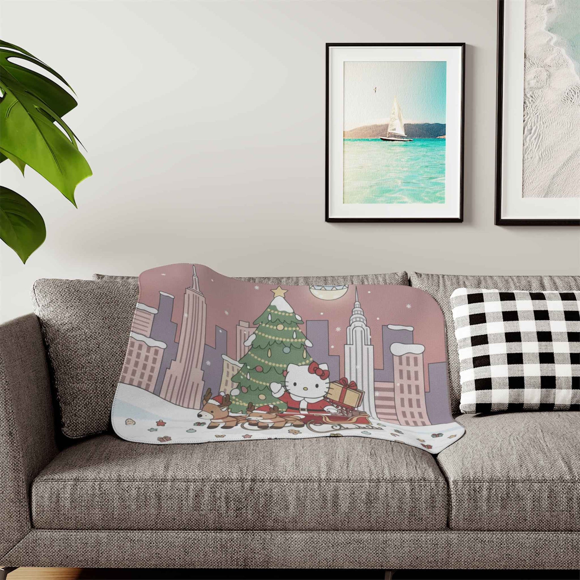 Christmas Kitty Sherpa Blanket — Festive Reindeer Sleigh Throw