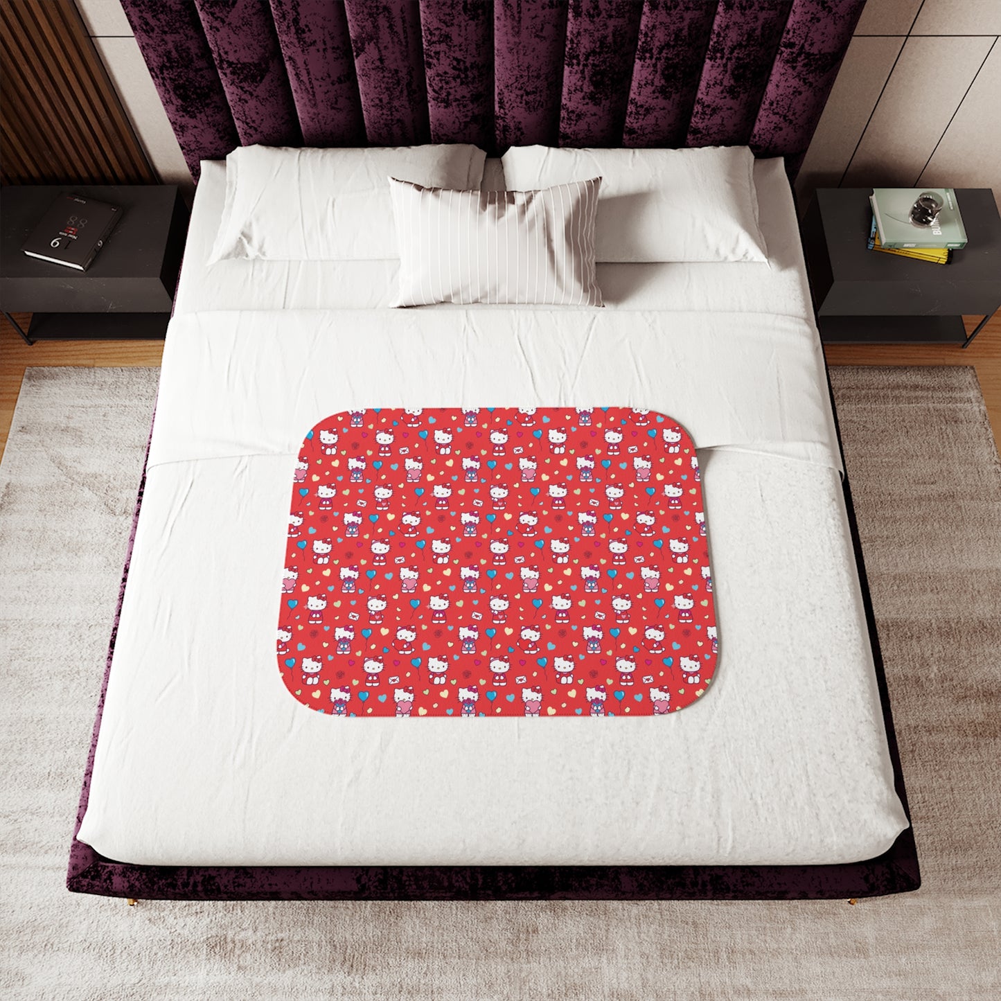 Hello Kitty Red Pattern Sherpa Blanket — Cozy Reversible Throw red blue hearts