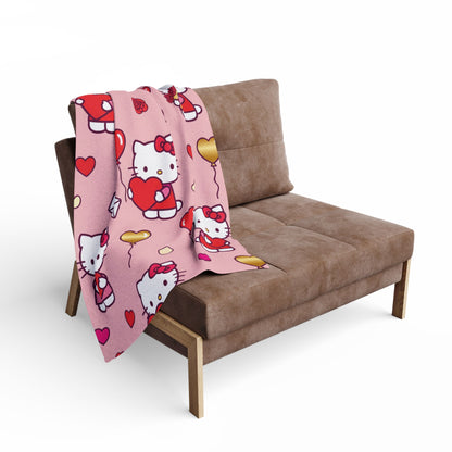 Hello Kitty Valentine Plush Fleece Blanket — Cute Pink Heart Pattern, Cozy Gift for her
