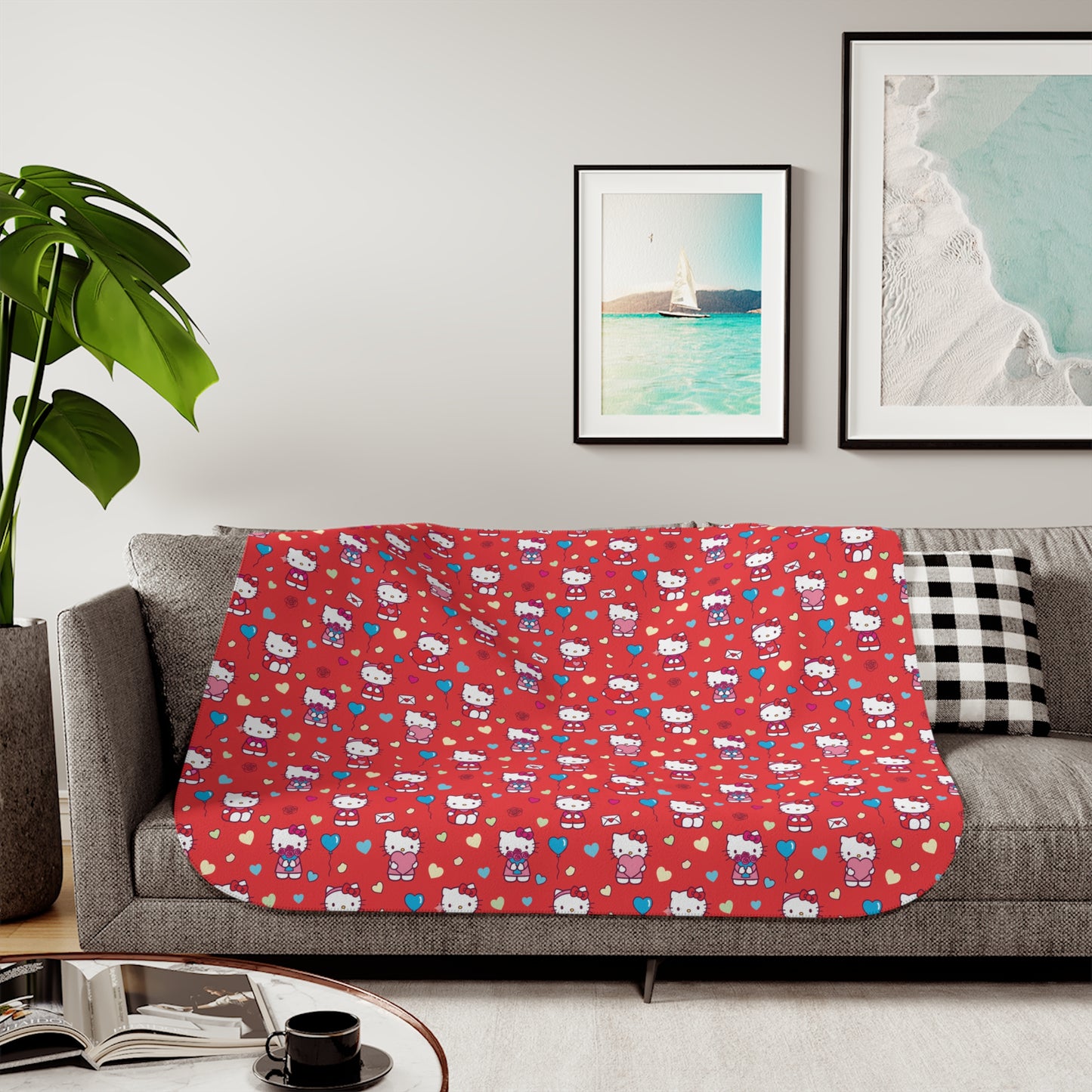 Hello Kitty Red Pattern Sherpa Blanket — Cozy Reversible Throw red blue hearts